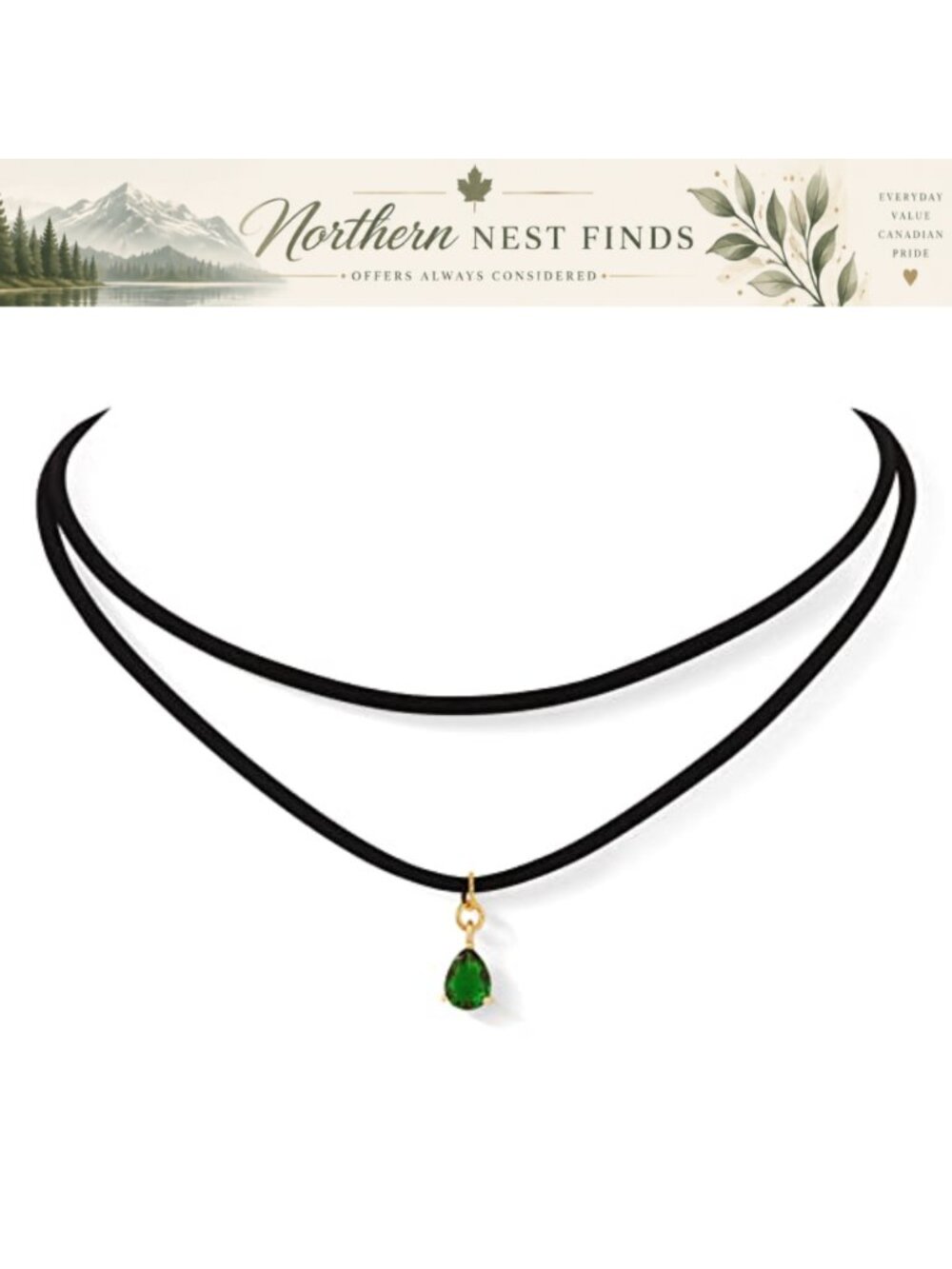 Layered Black Faux Leather Glass Teardrop Choker Necklace